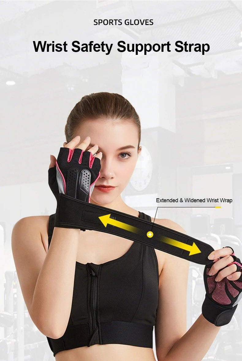 A woman wearing black fingerless weightlifting gloves with a wrist safety support strap on her wrist.