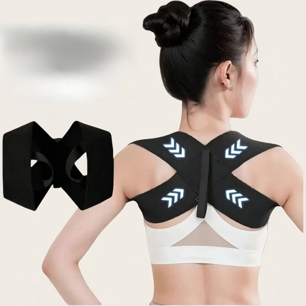 A woman is wearing a black elastic yoga and fitness support belt on her upper back and chest.