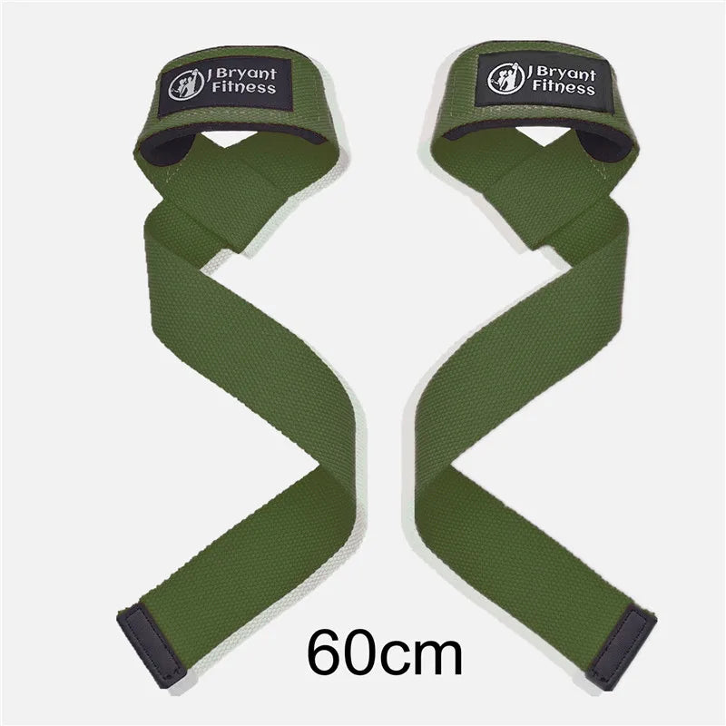 A pair of olive green gym wrist straps with black accents shown in a diagonal angle.