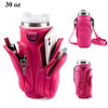 A pink versatile water bottle carrier bag holding a tumbler and a smartphone.