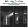 A black backpack with reflective strips on the surface, designed for safer night travelling.