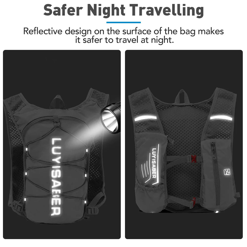 A black backpack with reflective strips on the surface, designed for safer night travelling.