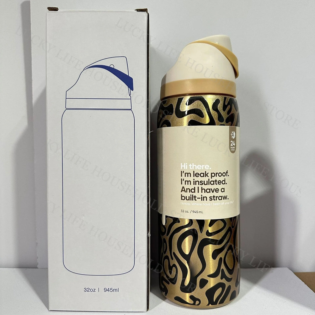 A gold and black insulated stainless steel sports water bottle with a white cap is shown next to its packaging box.