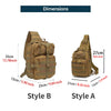 Two tactical sling backpacks, Style B and Style A, shown with dimensions.