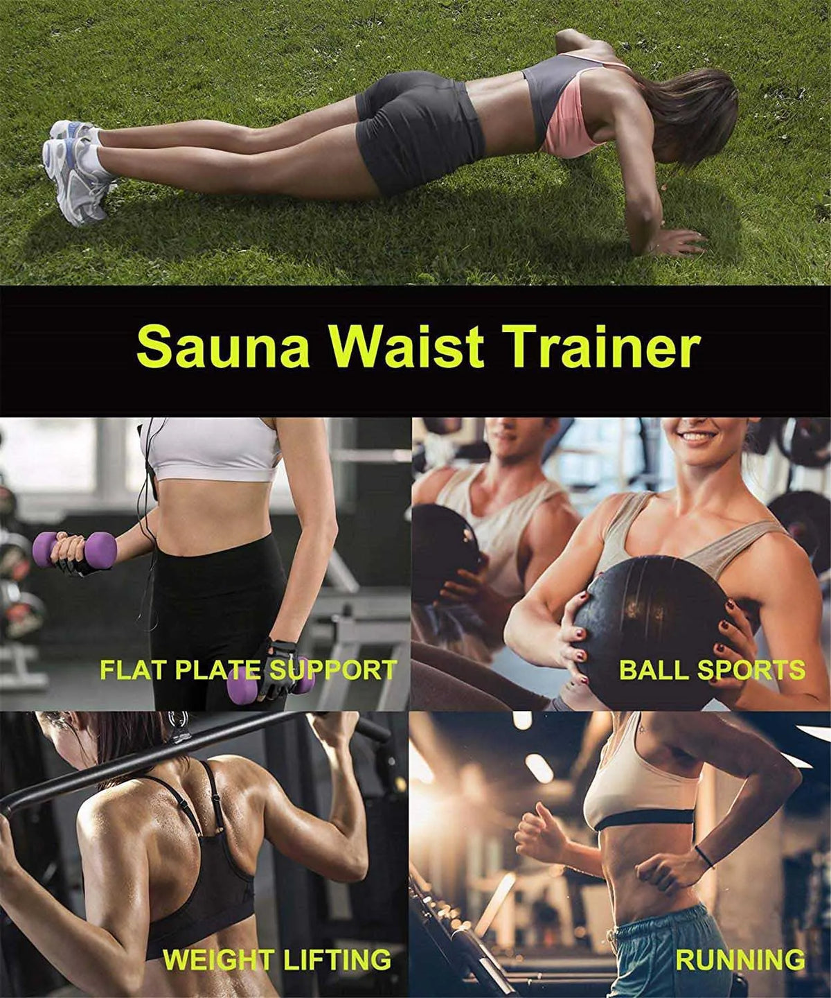 A woman is shown performing various exercises like weight lifting, ball sports, and running while wearing a body shaper waist