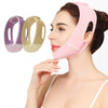 Pink face slimming lifting strap with purple and beige options shown on a woman's face