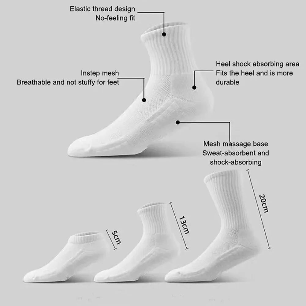 White breathable sports performance socks shown in various views highlighting features like elastic thread design and mesh.