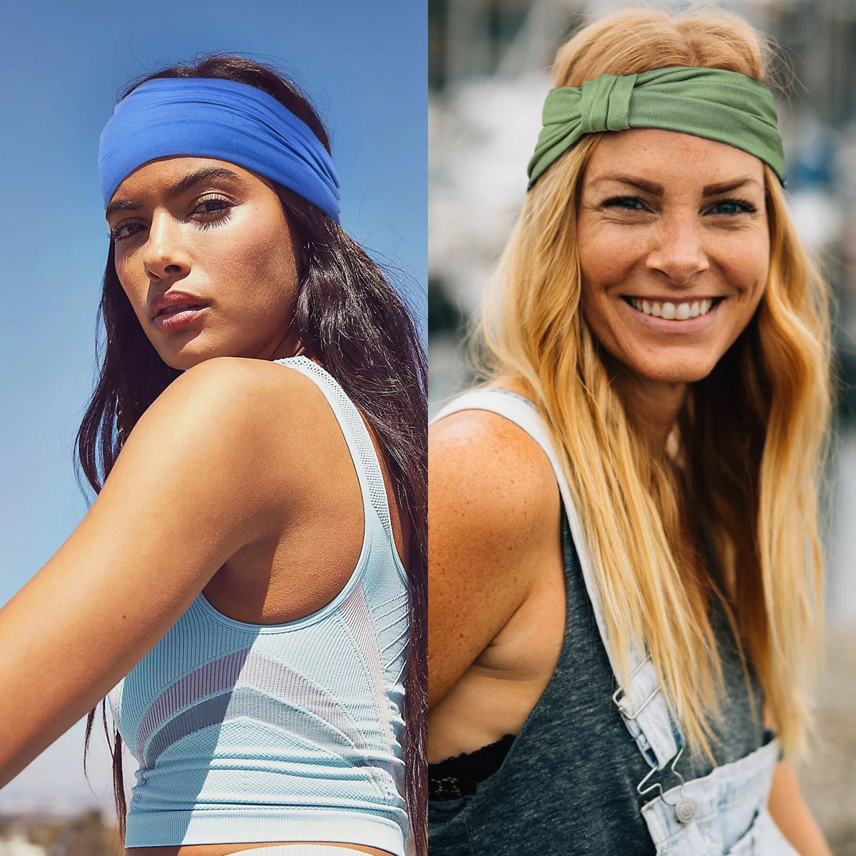 A split image showing a woman wearing a blue non-slip elastic headband and a woman wearing a green non-slip elastic headband.