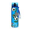 A blue water bottle featuring a black and white football pattern.