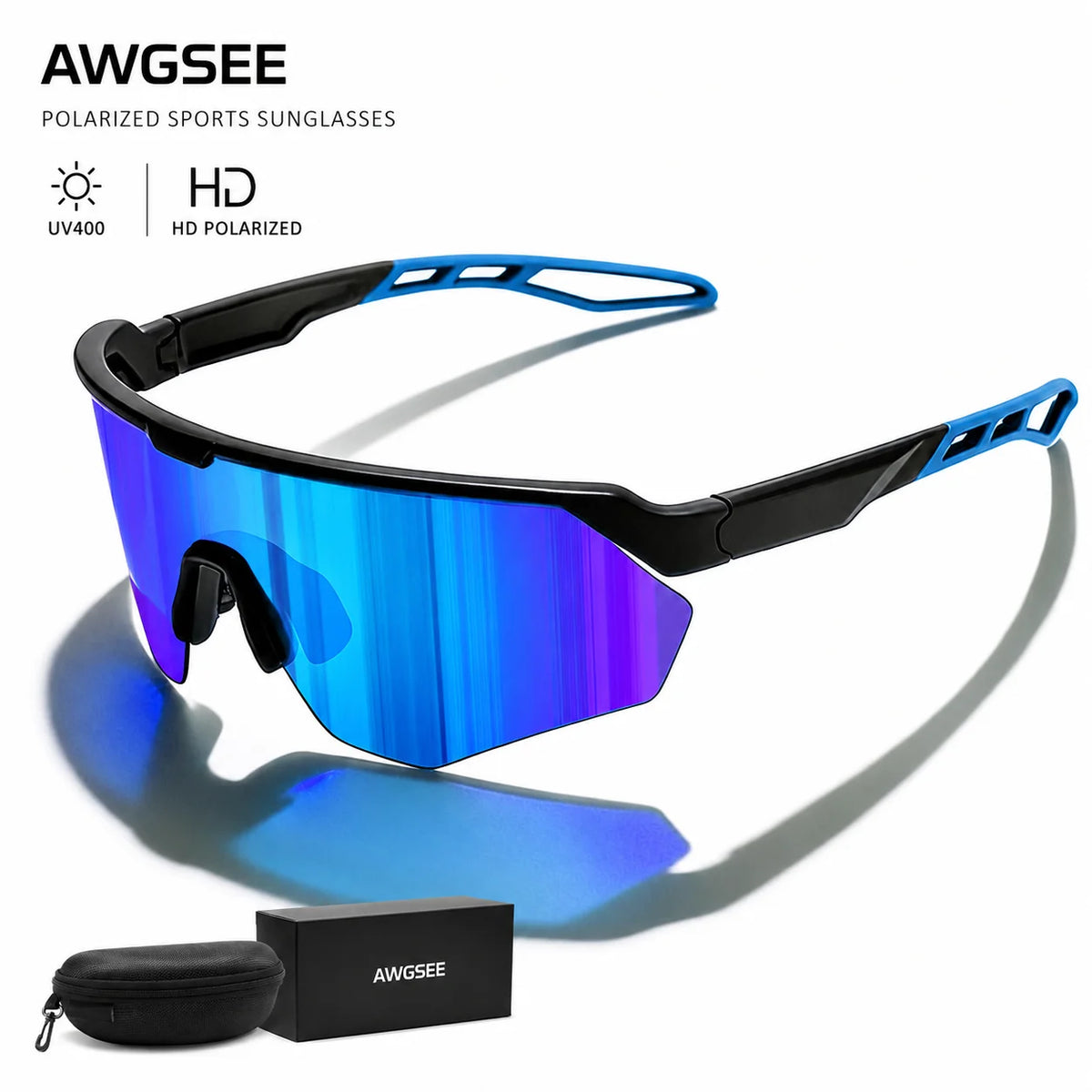 A pair of blue polarized sports sunglasses with black frames and a black case are displayed against a white background.