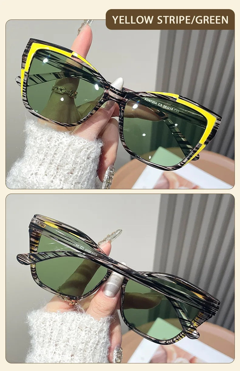 Yellow stripe/green vintage square cat eye sunglasses with UV400 protection being held by a hand