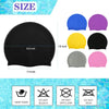 A collection of silicone swim caps in blue, purple, and gray, along with icons for hand wash, do not bleach, do not dryclean,