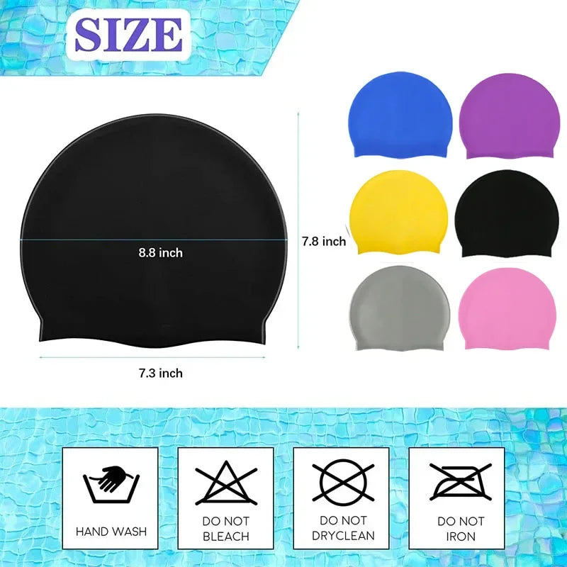 A collection of silicone swim caps in blue, purple, and gray, along with icons for hand wash, do not bleach, do not dryclean,