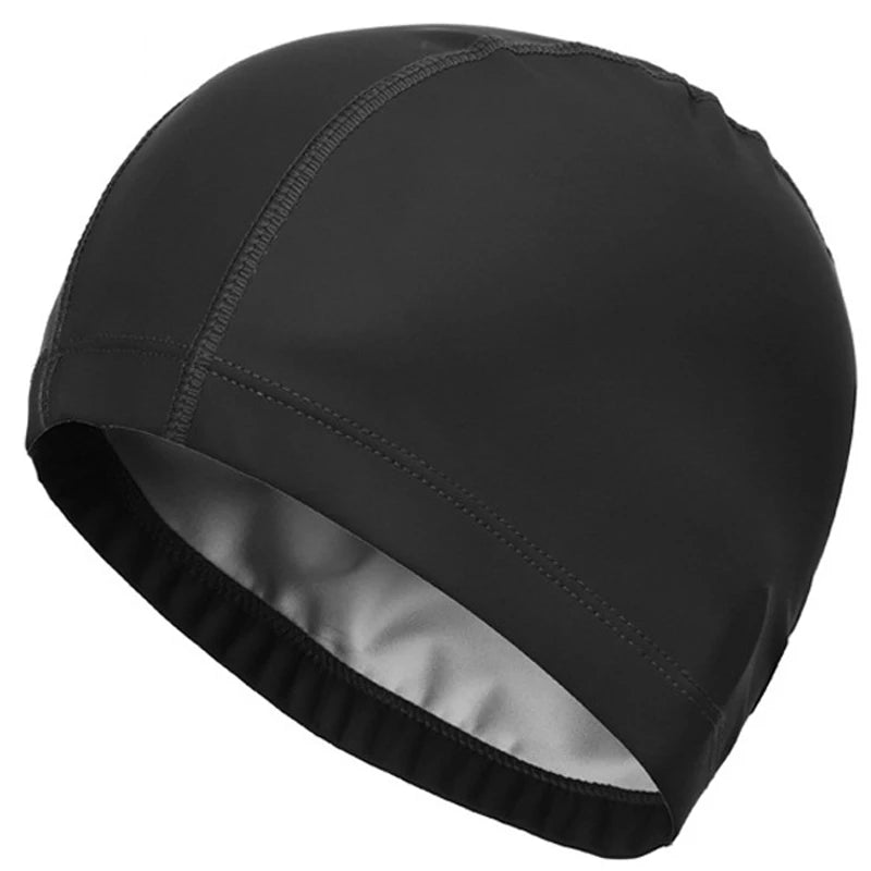 A black waterproof swim cap designed for long hair protection.