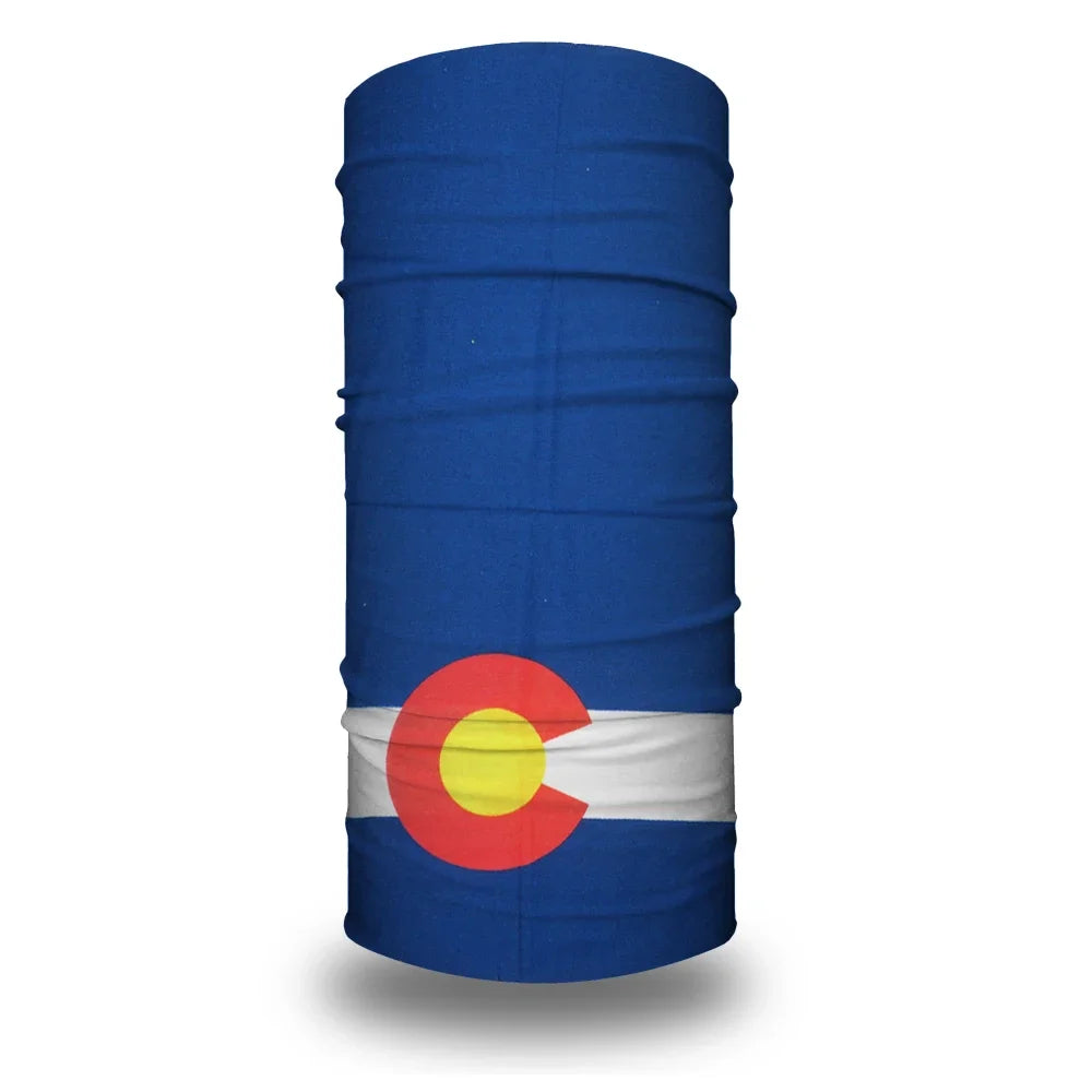 Blue fabric tube with a design featuring the flag of Costa Rica on a white and red stripe pattern