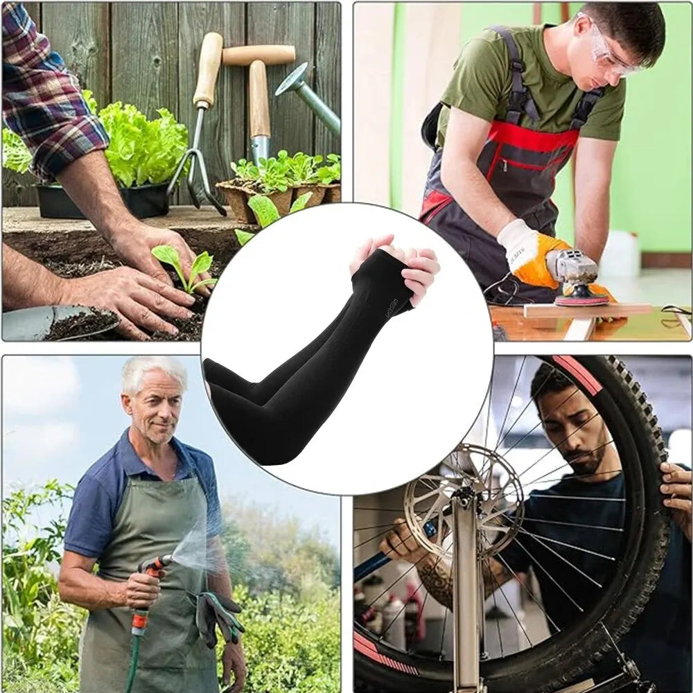 A collection of images showing people using protective arm sleeves for sun and UV protection in various outdoor contexts.