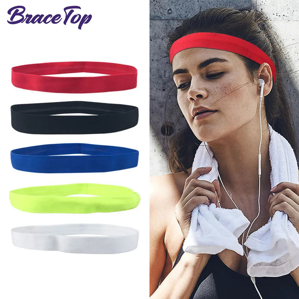 A woman wearing a red sports headband while exercising, with various colored headbands displayed nearby.