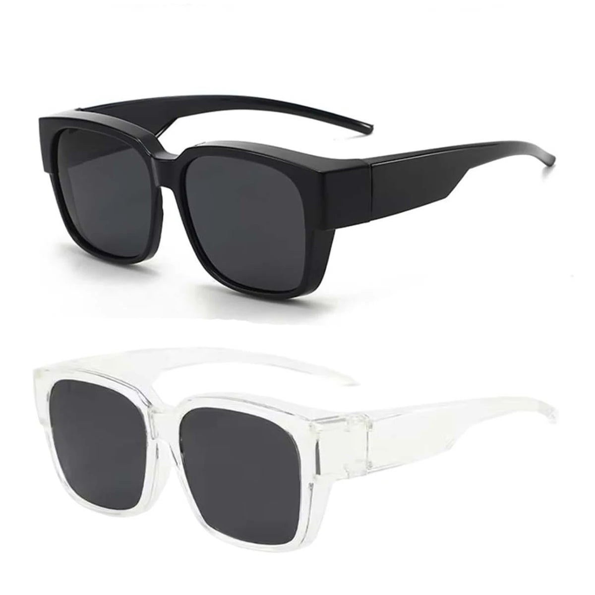 A pair of black sunglasses with thick frames and dark lenses shown from the front.