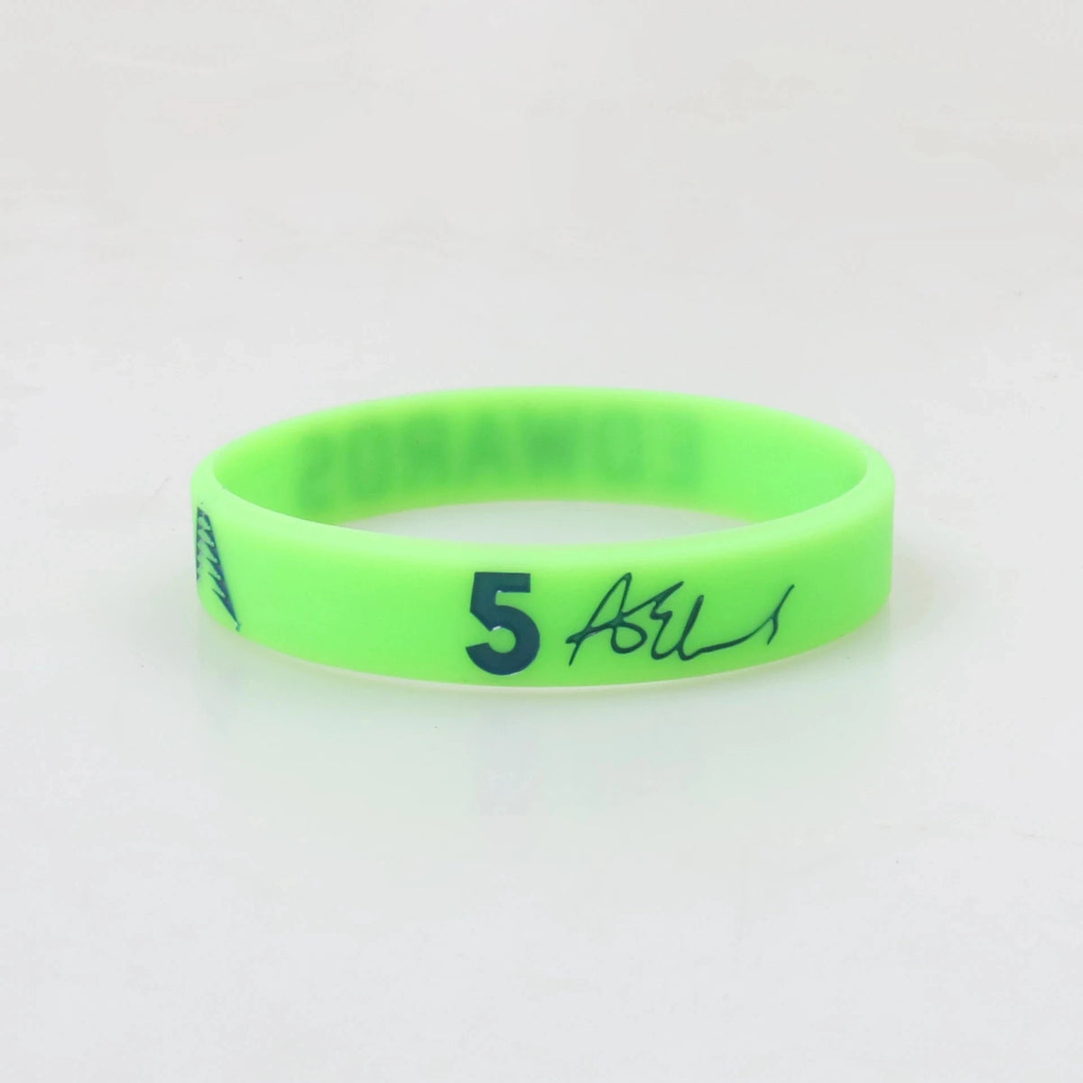 A bright lime green silicone wristband with the number 5 and the text ASL printed on it.