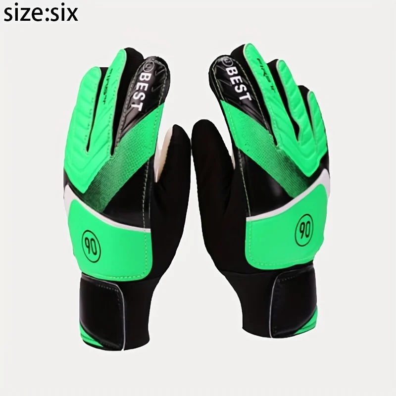A pair of bright green and black latex goalkeeper football gloves shown against a light background.