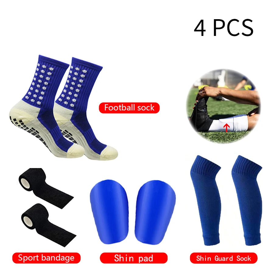 A set of four football socks, sport bandages, shin pads, and shin guard socks for sports injuries.