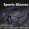 A pair of blue-framed sports glasses resting on a dark surface with various lens power options listed below.