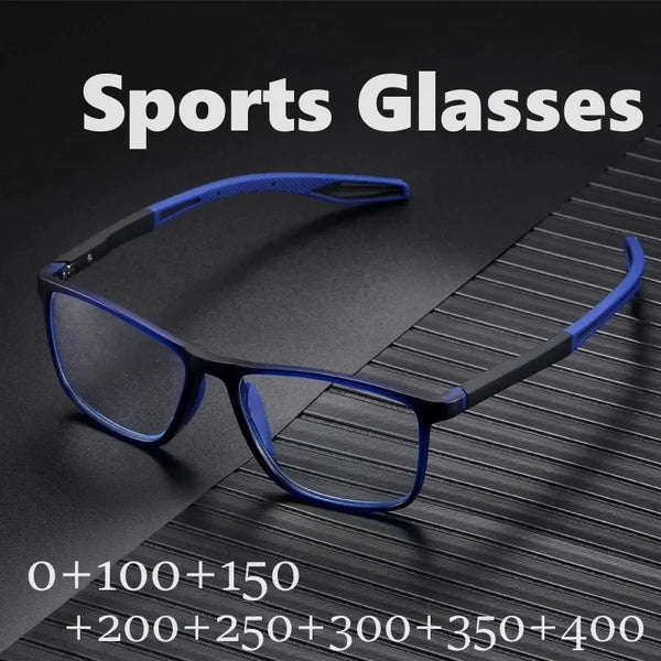 Une paire de lunettes de sport à monture bleue posée sur une surface sombre avec différentes options de puissance de lentille