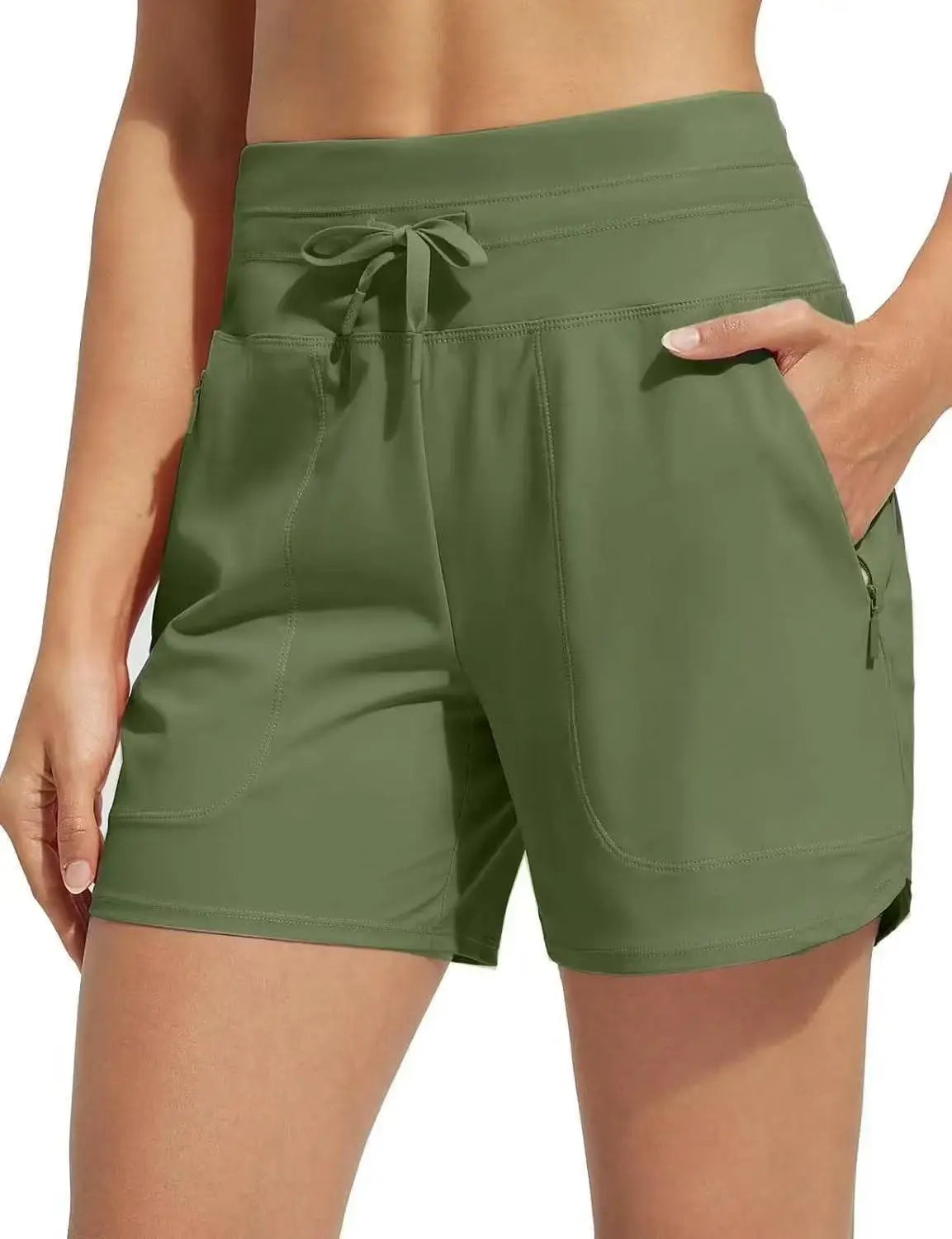 Olive green high-waisted quick-dry athletic shorts with a drawstring waist