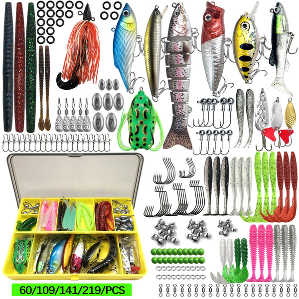 Kit completo de señuelos de pesca con diferentes señuelos artificiales, anzuelos y componentes para peces de agua dulce y sal