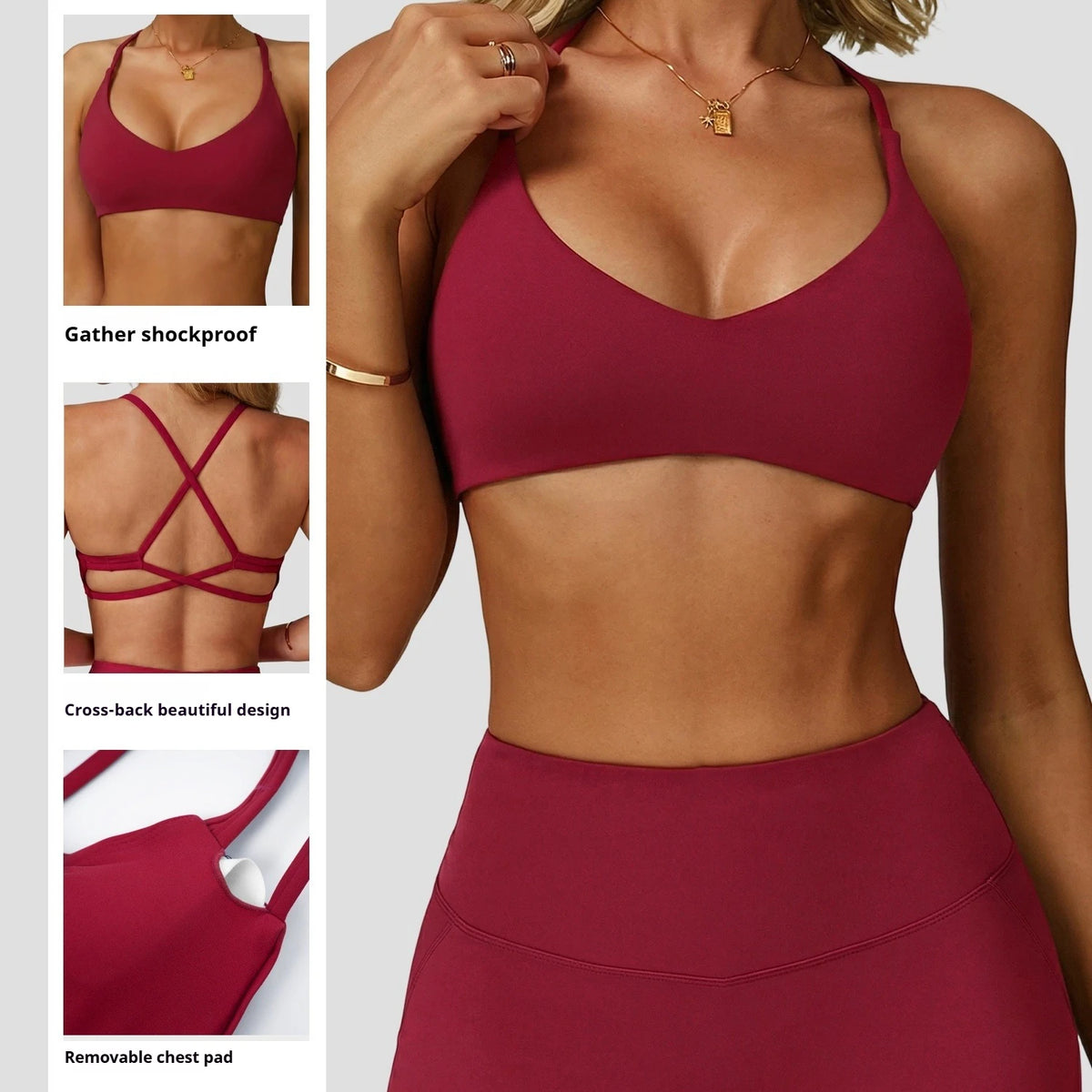 A maroon high-support sports bra for yoga and fitness shown in various views including a front view, back view, and details o