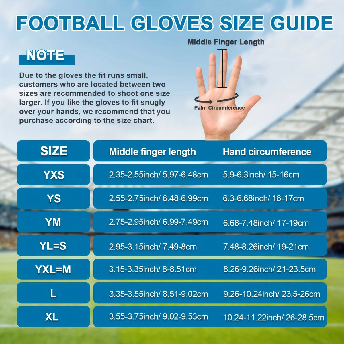 Size guide chart for football gloves showing measurements for various sizes like YXS, YS, YM, YL, YXL, L, and XL.