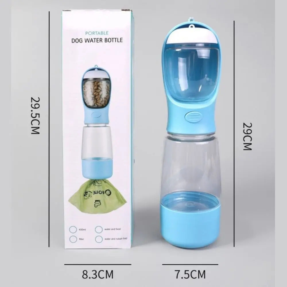 A portable dog water bottle dispenser shown in packaging and full view, featuring a blue and clear design.