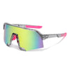 Ein Paar klare Sport-Riding-Sonnenbrille mit rosa Akzenten und multifarbener Linse.