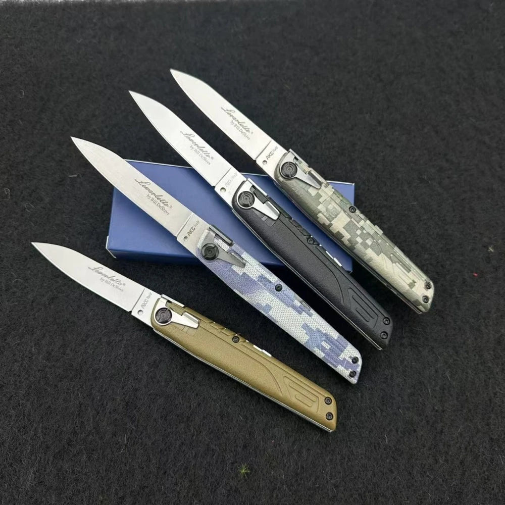 A set of four Limited folding pocket knives with camouflage and olive green handles resting on a dark surface.