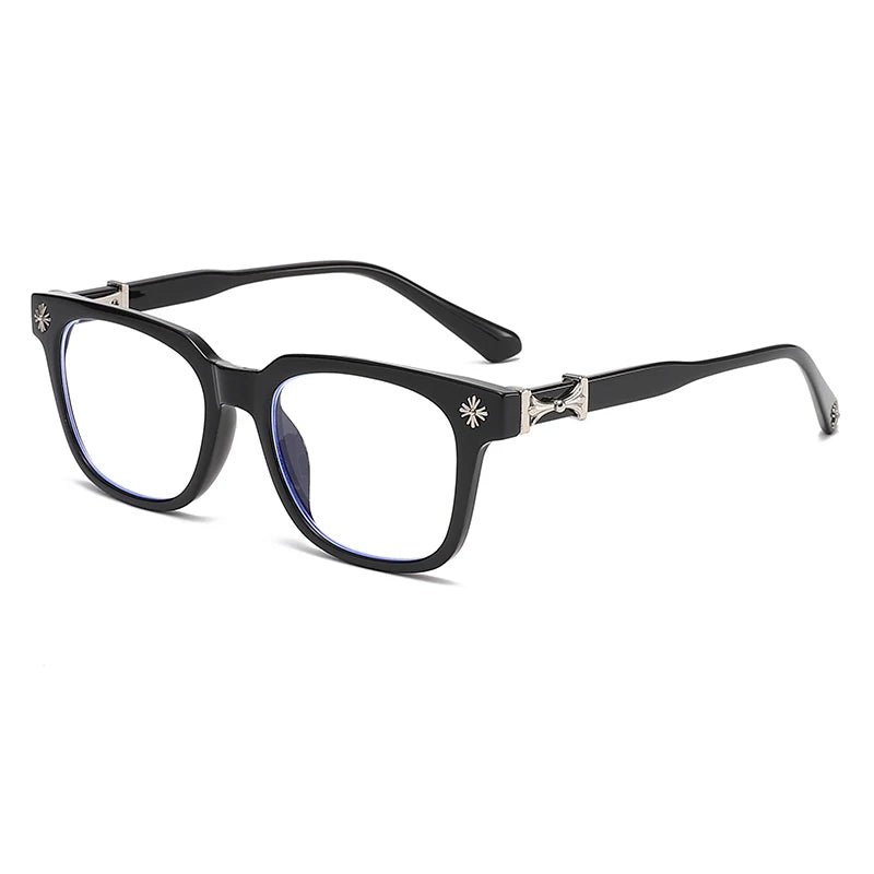 Black square blue light blocking glasses with silver accents