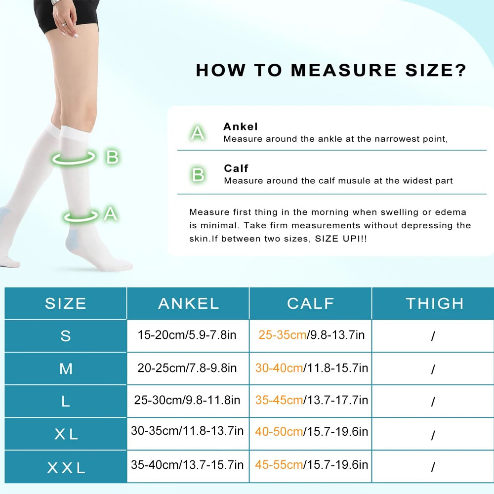 Diagram showing how to measure size for medical-grade compression stockings around the ankle and calf.
