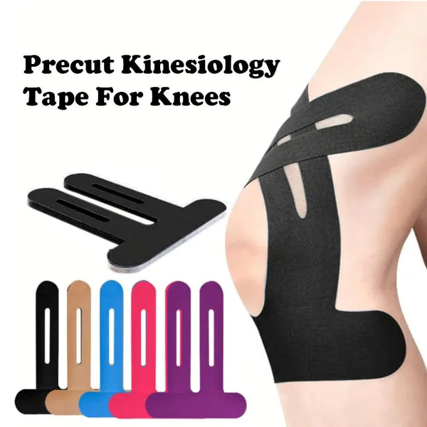 A set of ten black precut kinesiology tapes for knee support displayed next to a knee application.