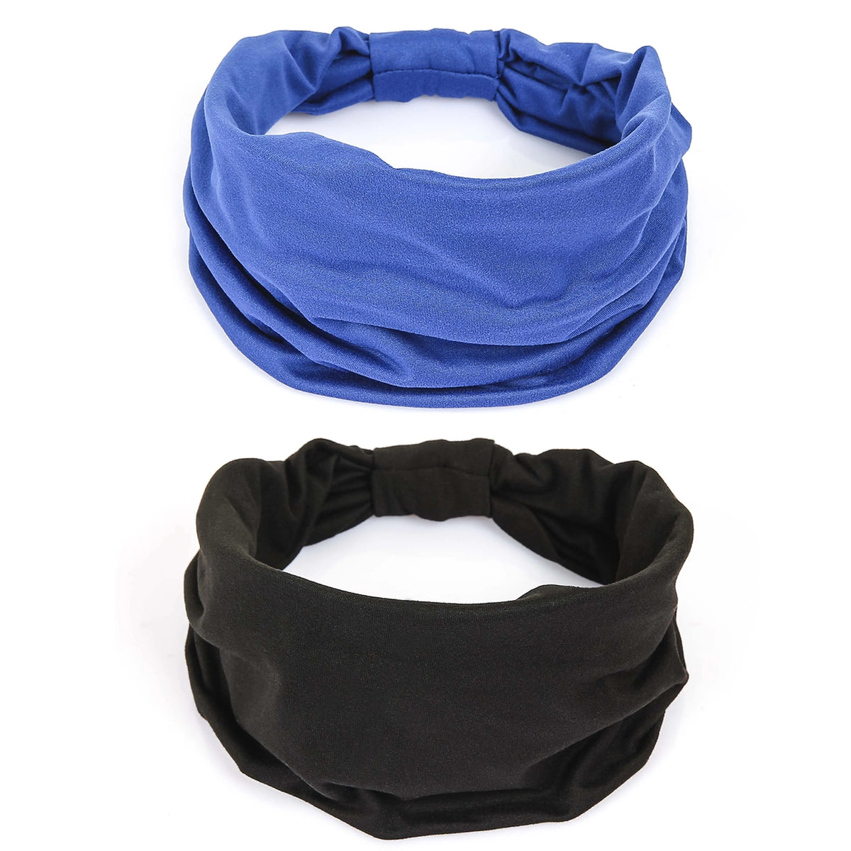 A pair of non-slip elastic headbands, one blue and one black, for fitness and hair.