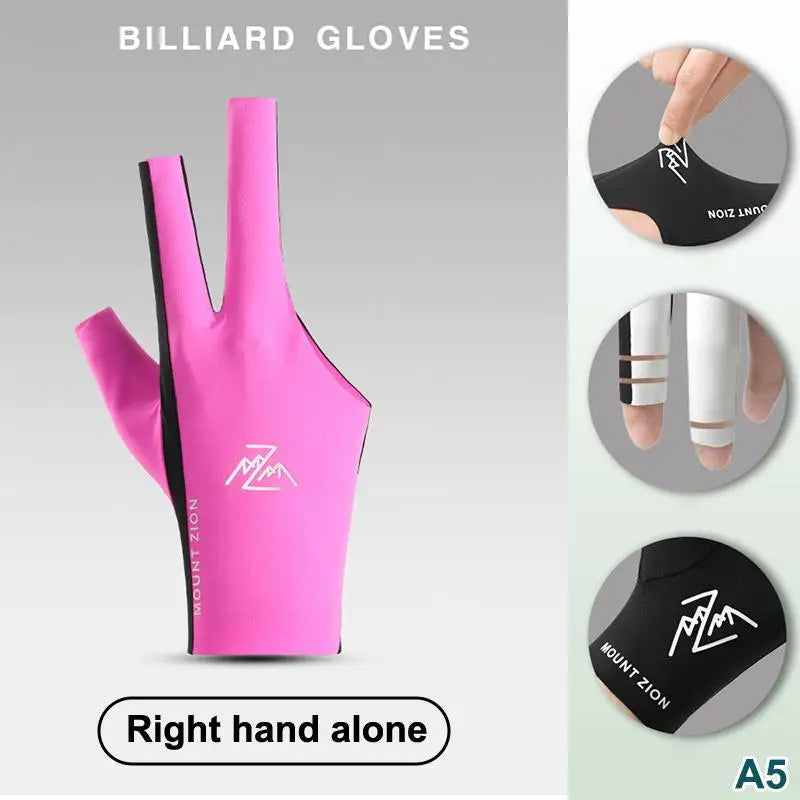 Pink billiard gloves shown on a hand, with a close-up of the palm and a detail view of the branding.