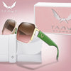 A pair of trendy square sunglasses with a green frame and white case are shown next to a pink box.