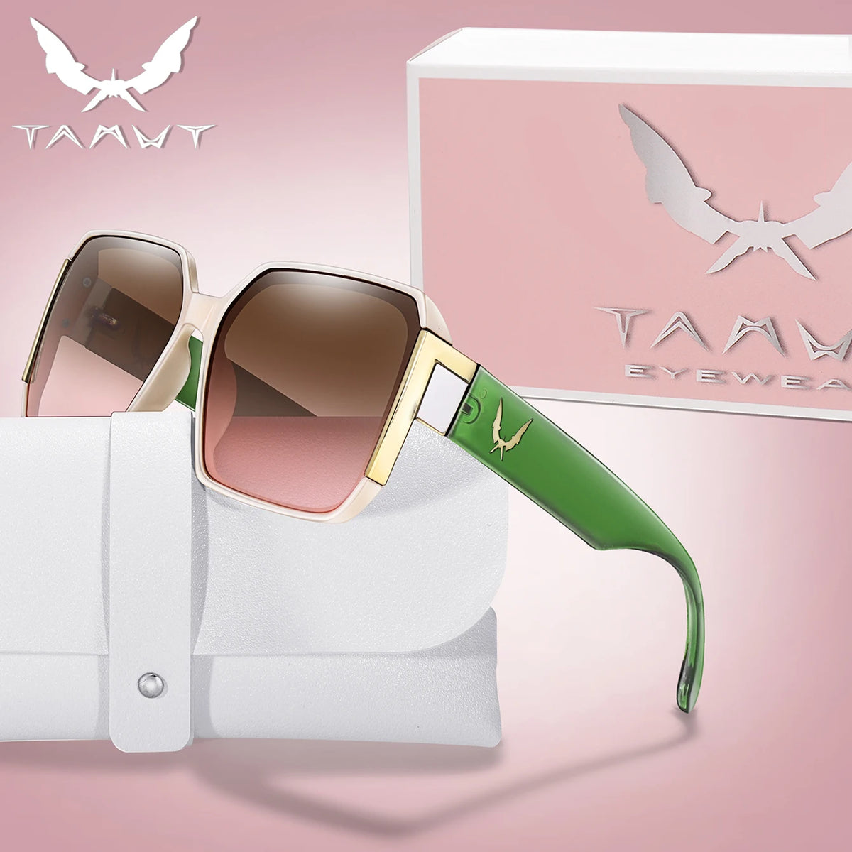 A pair of trendy square sunglasses with a green frame and white case are shown next to a pink box.
