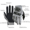 Gray cycling gloves featuring silicone anti-slip, sponge filler, neoprene, and breathable mesh cloth.