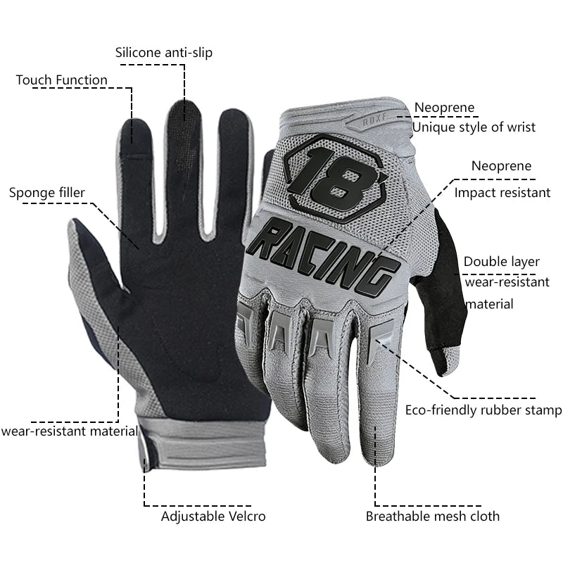 Gray cycling gloves featuring silicone anti-slip, sponge filler, neoprene, and breathable mesh cloth.