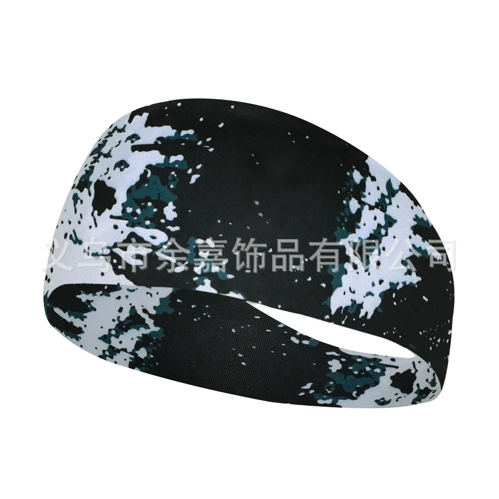 Black and white camouflage elastic sports headband worn on a head