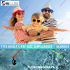 A family wearing adult and kid size sunglasses and glasses with floating straps in clear water.