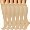 A set of beige premium nurse compression socks shown vertically.