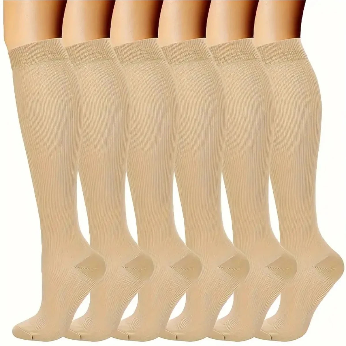 A set of beige premium nurse compression socks shown vertically.