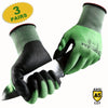 A pair of green and black durable cut-resistant work gloves shown with a knife, indicating they are for cutting tasks.