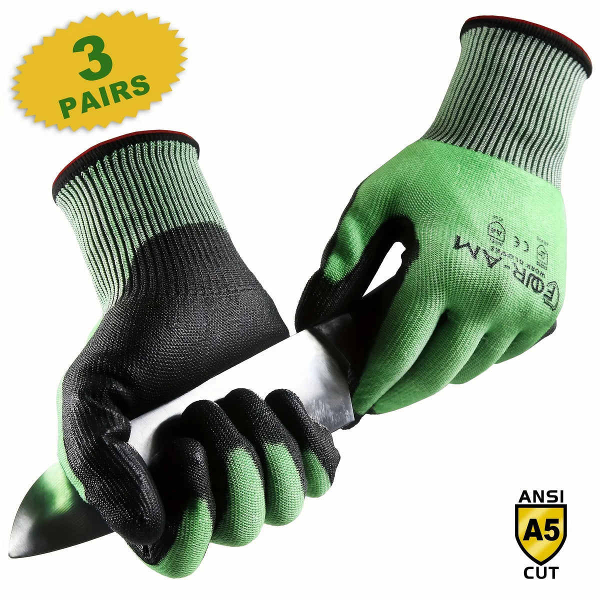 A pair of green and black durable cut-resistant work gloves shown with a knife, indicating they are for cutting tasks.