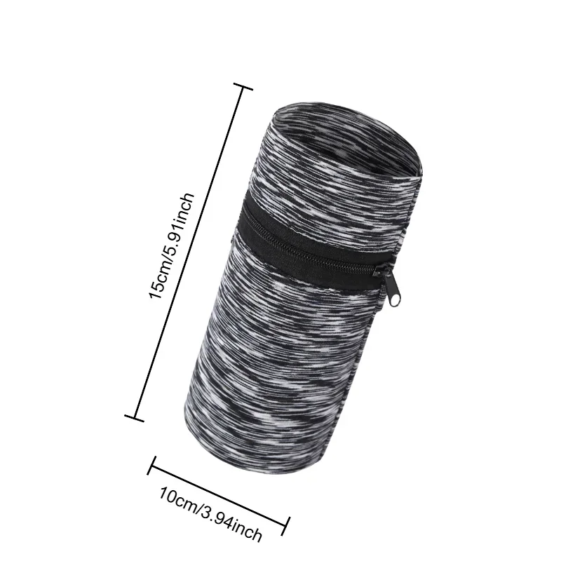 A cylindrical zippered wrist bag in black and white striped fabric shown with dimensions.